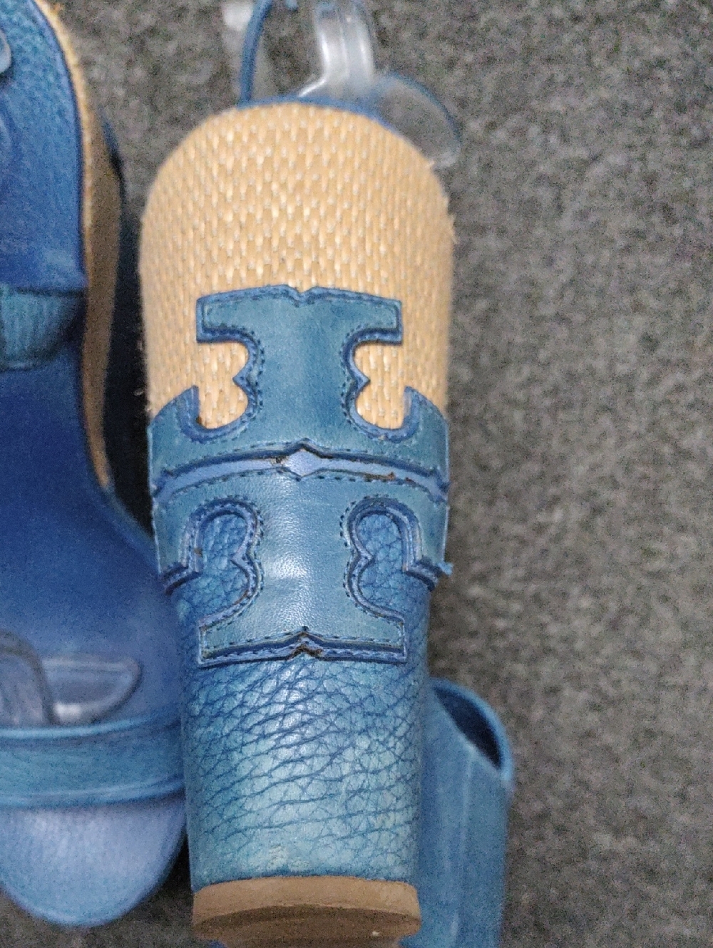 Tory Burch Blue Leather Wedge Sandals with Natural Raffia Accent - Picture 2 of 10